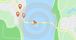 Moving GPS navigator on city map with river. Map, moving navigator marker and checkpoints icon on location