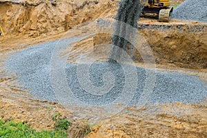 Moving gravel excavator in the construction works of a foundation of the house