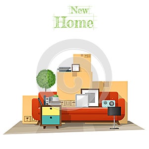 Moving home concept background with cardboard boxes and furniture in new living room