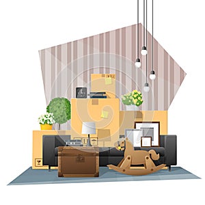 Moving home concept background with cardboard boxes and furniture in new living room