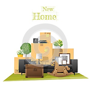 Moving home concept background with cardboard boxes and furniture in new living room