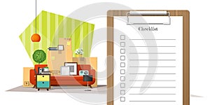 Moving home concept with survey clipboard and pile of furniture background