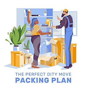 Moving home. A man helps a woman pack things. Vector flat illustration.