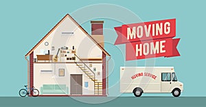 Moving Home Service Banner. Flat Styled Vector Illustration.