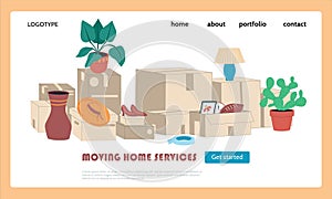 Moving home service landing page. Cardboard boxes. Family relocation. Packed stuff for relocating to new apartment