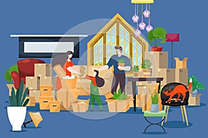 Moving house family people, unpacking boxes vector illustration. Loading things and clothes to new home. Couple