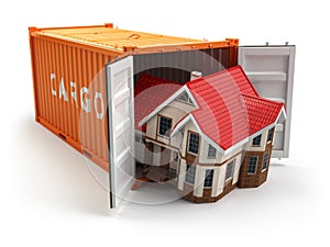 Moving house. Home and cargo shipping container on white