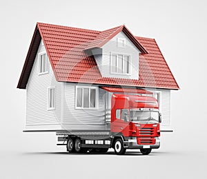 Moving house on tir, new home, 3d render illustration