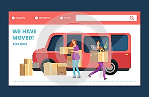 Moving house vector web banner. We have moved landing page template