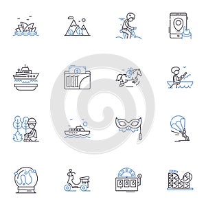 Moving line icons collection. Relocation, Transition, Packers, Trucking, Migration, Flooding, Evacuation vector and