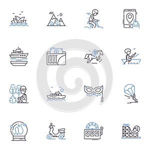 Moving line icons collection. Relocation, Transition, Packers, Trucking, Migration, Flooding, Evacuation vector and photo