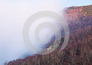 Moving low clouds overtaking the hill