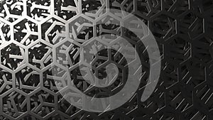 Moving metal plates with hexagonal holes pattern, 3D rendering