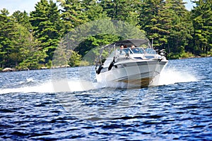 Moving motor boat on the lake