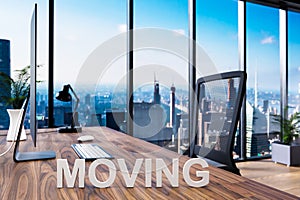 Moving; office chair in front of modern workspace with computer and skyline view; moving concept; 3D Illustration