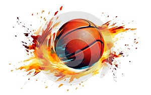 Moving orange basketball ball isolated on white background. March madness graphic poster design. Three quarters view team sport