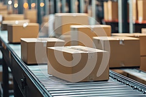 Cardboard Boxes on Conveyor in Modern Warehouse