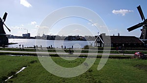 Moving profile video of working dutch windmills at the zaanse schans