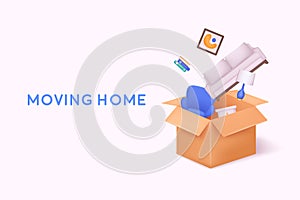 Moving and relocation concept. Cardboard boxes with various things from house. 3D Web Vector Illustrations