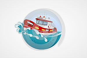 Moving rescue boat. Deep sea with wave. Round vector computer icons for applications or games. Logo and emblem template. Handdrawn