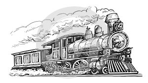 Moving retro steam locomotive. Train, vintage transport illustration isolated on white background