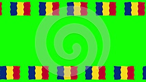 Moving Romania flags decorative frame on green screen background