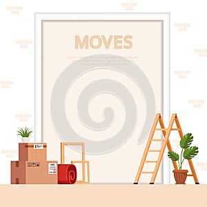 Moving scene with boxes, stairs, frames, carpet and indoor plants on a white background.