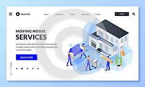 Moving service banner. Workers carry furniture and household appliances to house. Vector 3d isometric illustration