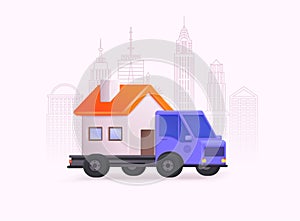 Moving service concept. Moving truck with house. 3D Web Vector Illustrations