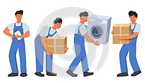 Moving service. Delivery service workers loading boxes and washing machine. Residential move logistics.