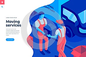 Moving service isometric vector illustration for landing page header template or web banner with copy space for text.