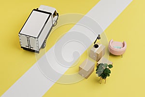 moving services. Sad and boxes with things on a yellow background and a white stripe for text. 3D render