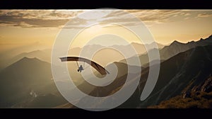 A moving shot of a person hang gliding over a mountain range created with Generative AI