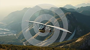 A moving shot of a person hang gliding over a mountain range created with Generative AI