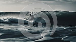 A moving shot of a person surfing through the waves created with Generative AI