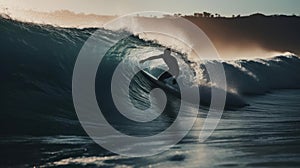 A moving shot of a person surfing through the waves created with Generative AI