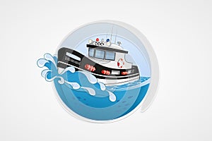 Moving speed police boat. Deep sea with wave. Round vector computer icons for applications or games. Logo template. Handdrawn Ill