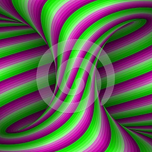 Moving spiral patterned hyperboloid of pink green stripes. Vector optical illusion illustration