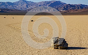 Moving Stones at the Racetrack Playa in Death Valley California with a depth of field