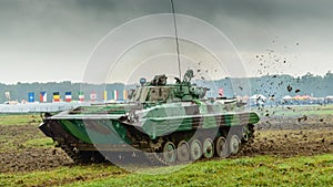 A moving tank in the military range, a military demonstration of nato in Ostrava