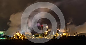 Moving time lapse of night industrial landscape environmental pollution waste of thermal power plant. Big pipes of chemical indust