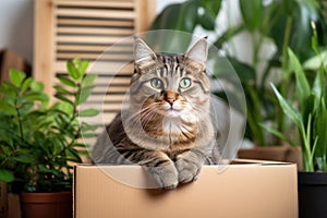 Moving to new home, donation concept. Cat sitting in empty cardboard box near pile of potted home plants and household