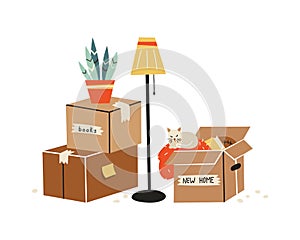 Moving to a new home. The family moved to a new home. Paper cardboard boxes with various household items. Vector