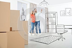 Moving to new house. Happy couple imagining room arrangement. Illustrated interior design