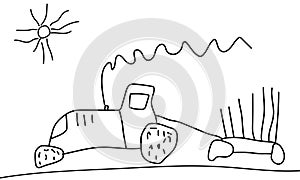 Moving tractor with trailer, drawing of child, hand drawn. Vector illustration