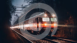 Moving train with blurry lights. Generative AI