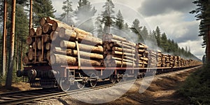 Moving train with wagons loaded with timber, concept of Speed