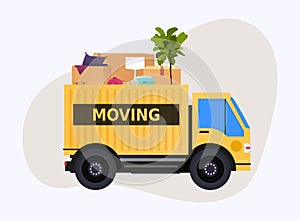 Moving truck and cardboard boxes. Moving House. Transport company.