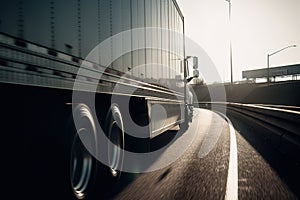 Moving truck highway scene, low camera angle from rear corner of truck