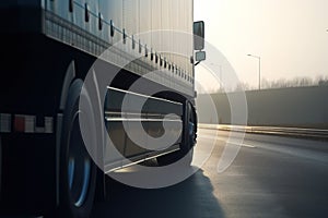 Moving truck highway scene, low camera angle from rear corner of truck